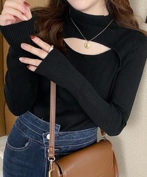 胸あきデザインリブハイネックプルオーバー