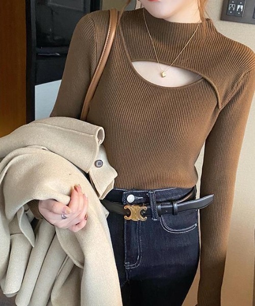 胸あきデザインリブハイネックプルオーバー（その他トップス