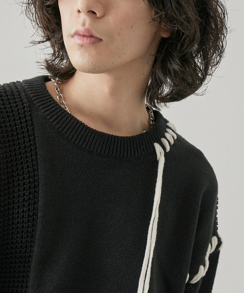 JUNRED(ジュンレッド)の「ワッフル切替ステッチニットプルオーバー(ニット/セーター・メンズ・グリーン/ブラック/ライトグレー・M/S/L)」の6枚目の写真