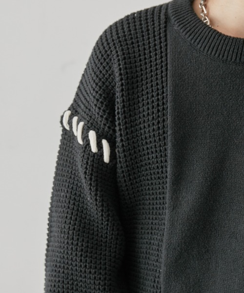 JUNRED(ジュンレッド)の「ワッフル切替ステッチニットプルオーバー(ニット/セーター・メンズ・グリーン/ブラック/ライトグレー・M/S/L)」の7枚目の写真