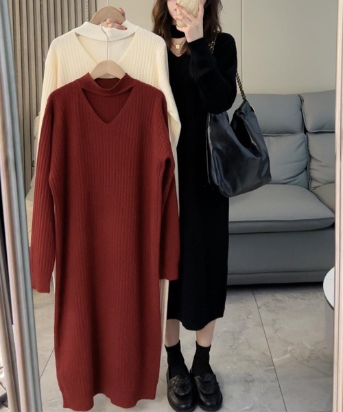 Miniministore(ミニミニストア)の「リブニットワンピース ロング丈 vネック(ワンピース・レディース・ワインレッド/ブラック/アイボリー・フリー)」の11枚目の写真