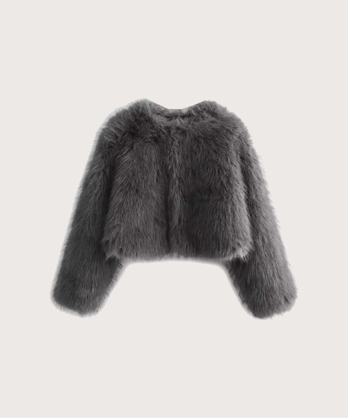 ショート丈ファーコート Gray Shearling Faux Fur Coat