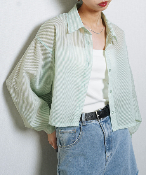 Chillfar(チルファー)の「シアーストライプクロップドシャツ(シャツ/ブラウス・レディース・ブルー/ピンク/ネイビー/オレンジ/イエロー/グレー/オフホワイト/グリーン・FREE)」の9枚目の写真