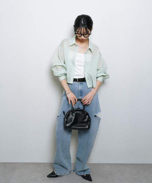 Chillfar(チルファー)の「シアーストライプクロップドシャツ(シャツ/ブラウス・レディース・ブルー/ピンク/ネイビー/オレンジ/イエロー/グレー/オフホワイト/グリーン・FREE)」の18枚目の写真