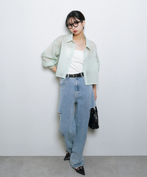 Chillfar(チルファー)の「シアーストライプクロップドシャツ(シャツ/ブラウス・レディース・ブルー/ピンク/ネイビー/オレンジ/イエロー/グレー/オフホワイト/グリーン・FREE)」の19枚目の写真