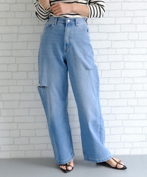 aquagarage(アクアガレージ)の「ダメージストレートデニムパンツ 春 夏 秋 冬 M | アクアガレージ aquagarage(デニムパンツ・レディース・ブラック/ブルー/サックスブルー/ブラック系その他・M)」の1枚目の写真