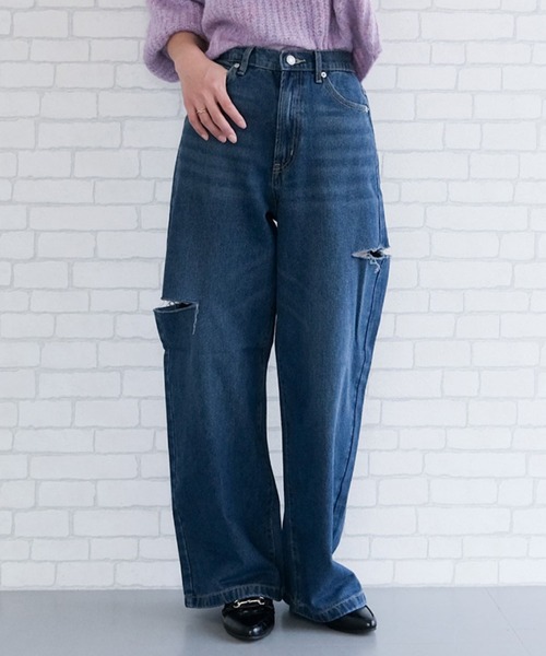 aquagarage(アクアガレージ)の「ダメージストレートデニムパンツ 春 夏 秋 冬 M | アクアガレージ aquagarage(デニムパンツ・レディース・ブラック/ブルー/サックスブルー/ブラック系その他・M)」の4枚目の写真