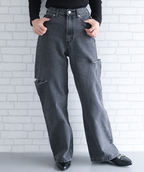 aquagarage(アクアガレージ)の「ダメージストレートデニムパンツ 春 夏 秋 冬 M | アクアガレージ aquagarage(デニムパンツ・レディース・ブラック/ブルー/サックスブルー/ブラック系その他・M)」の2枚目の写真