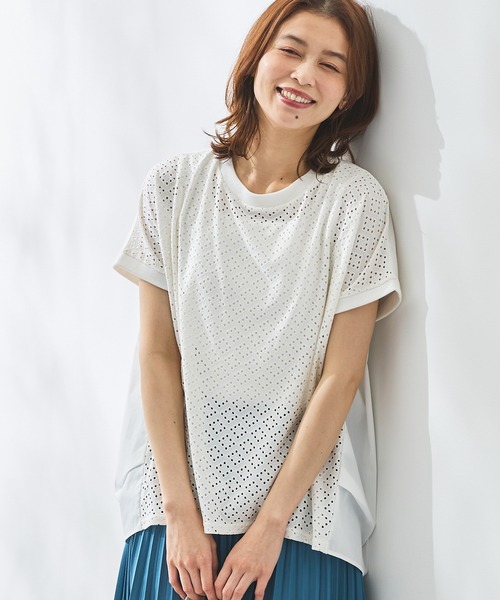 セール】異素材使い透かしシアートップス（Tシャツ/カットソー 