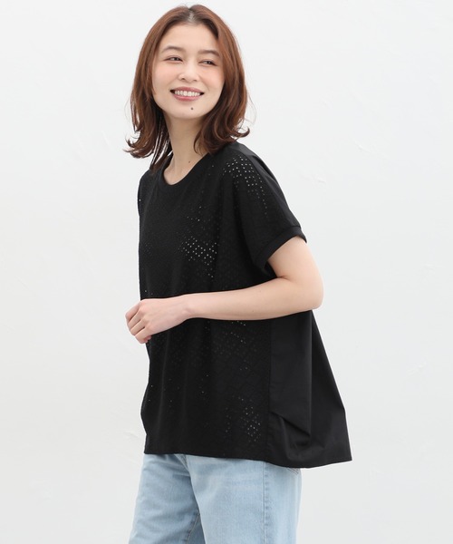 セール】異素材使い透かしシアートップス（Tシャツ/カットソー 