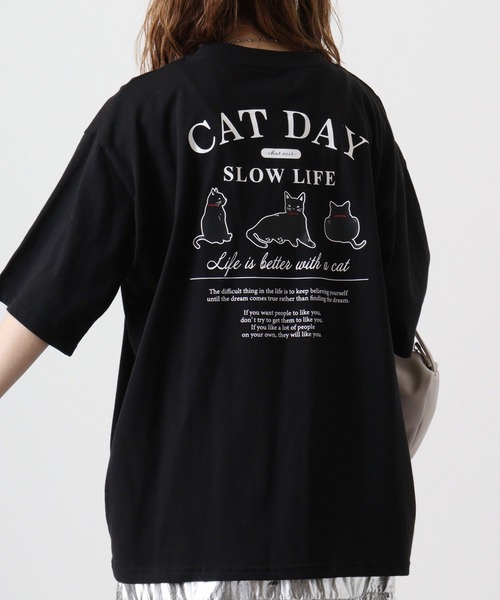 Candy Fantasy(キャンディーファンタジー)の「天竺 CATバックプリント 半袖Tシャツ(Tシャツ/カットソー・メンズ・ホワイト/ブルー/ブラック/アッシュグレー・M/L)」の2枚目の写真