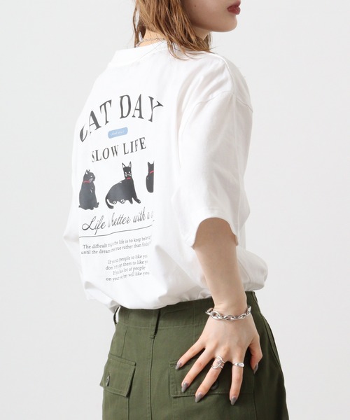 Candy Fantasy(キャンディーファンタジー)の「天竺 CATバックプリント 半袖Tシャツ(Tシャツ/カットソー・メンズ・ホワイト/ブルー/ブラック/アッシュグレー・M/L)」の6枚目の写真
