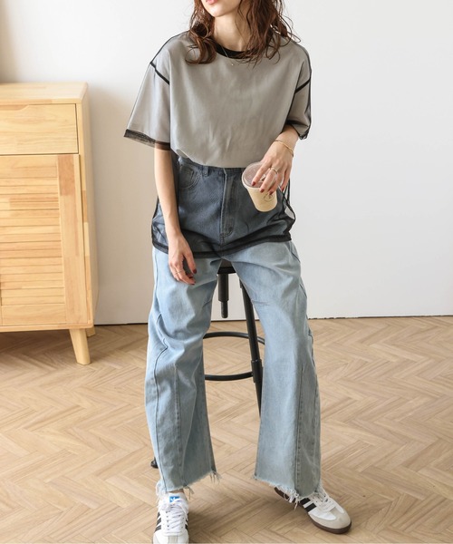 ジェンダーレス レイヤード チュール Tシャツ ユニセックス 限定 セール】チュールレイヤードTシャツ（Tシャツ/カットソー）｜La