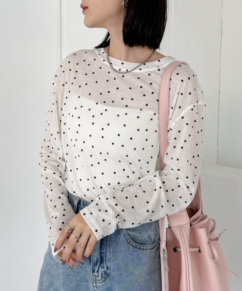 CLEA(クレア)の「ドット柄ロングシアートップス(Tシャツ/カットソー・レディース・アイボリー/ブラック/グレー/ベージュ・FREE)」の12枚目の写真