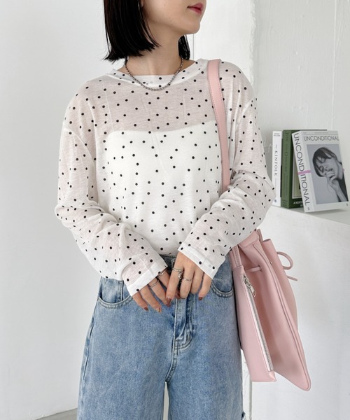 CLEA(クレア)の「ドット柄ロングシアートップス(Tシャツ/カットソー・レディース・アイボリー/ブラック/グレー/ベージュ・FREE)」の13枚目の写真