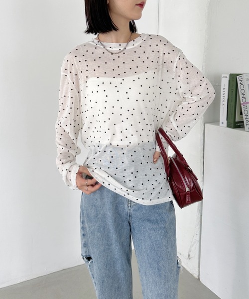 CLEA(クレア)の「ドット柄ロングシアートップス(Tシャツ/カットソー・レディース・アイボリー/ブラック/グレー/ベージュ・FREE)」の15枚目の写真