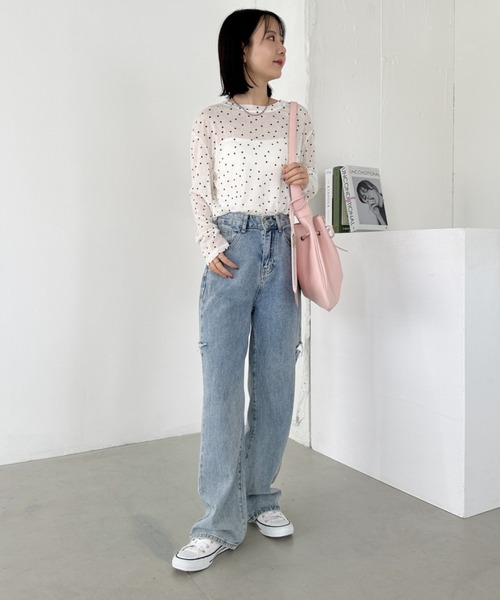 CLEA(クレア)の「ドット柄ロングシアートップス(Tシャツ/カットソー・レディース・アイボリー/ブラック/グレー/ベージュ・FREE)」の18枚目の写真