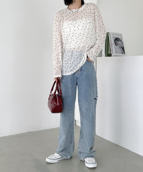 CLEA(クレア)の「ドット柄ロングシアートップス(Tシャツ/カットソー・レディース・アイボリー/ブラック/グレー/ベージュ・FREE)」の16枚目の写真
