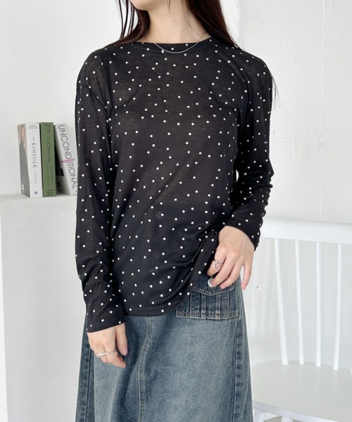 CLEA(クレア)の「ドット柄ロングシアートップス(Tシャツ/カットソー・レディース・アイボリー/ブラック/グレー/ベージュ・FREE)」の20枚目の写真