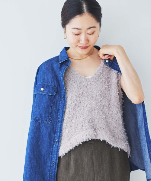 le.coeur blanc（ルクールブラン）の「チュール×フェザーVネックベスト（ベスト・レディース・ブラック/ベージュ・38）」の7枚目の写真