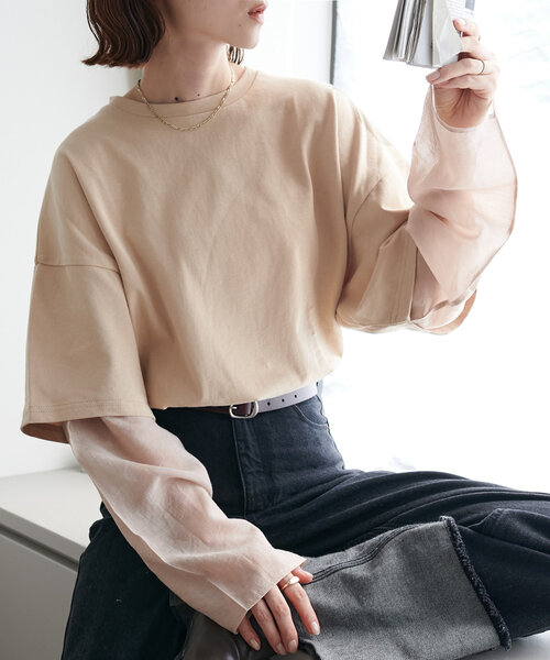 DISCOAT(ディスコート)の「【WEB限定】レイヤードビッグロングTシャツ(Tシャツ/カットソー・レディース・ブラック/ベージュ/オフホワイト/ブラウン・FREE)」の4枚目の写真