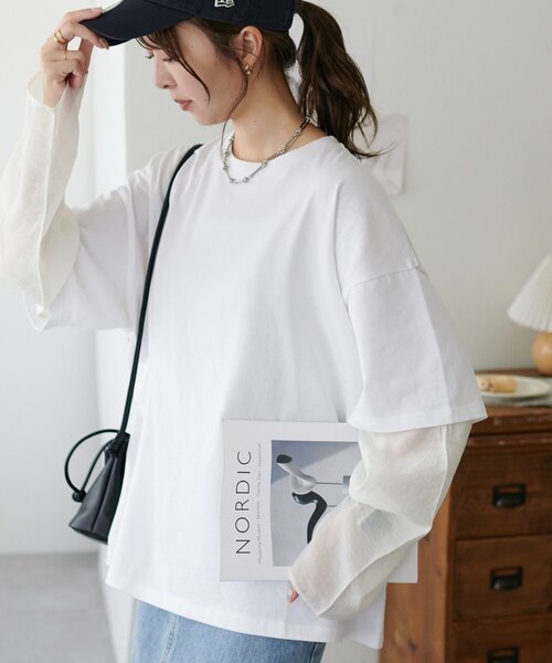 DISCOAT(ディスコート)の「【WEB限定】レイヤードビッグロングTシャツ(Tシャツ/カットソー・レディース・ブラック/ベージュ/オフホワイト/ブラウン・FREE)」の2枚目の写真
