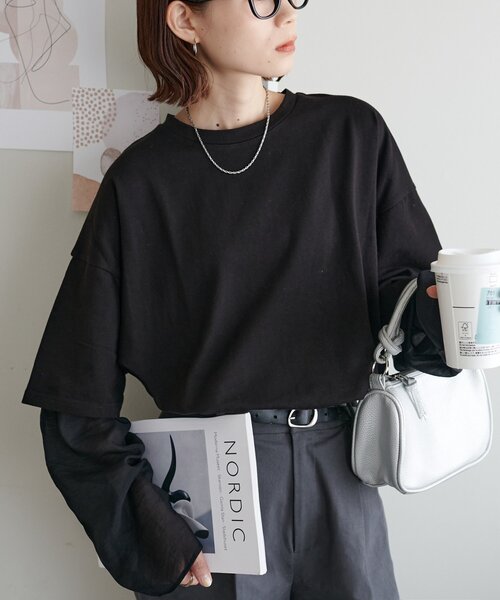 DISCOAT(ディスコート)の「【WEB限定】レイヤードビッグロングTシャツ(Tシャツ/カットソー・レディース・ブラック/ベージュ/オフホワイト/ブラウン・FREE)」の1枚目の写真