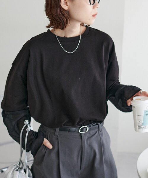 DISCOAT(ディスコート)の「【WEB限定】レイヤードビッグロングTシャツ(Tシャツ/カットソー・レディース・ブラック/ベージュ/オフホワイト/ブラウン・FREE)」の7枚目の写真