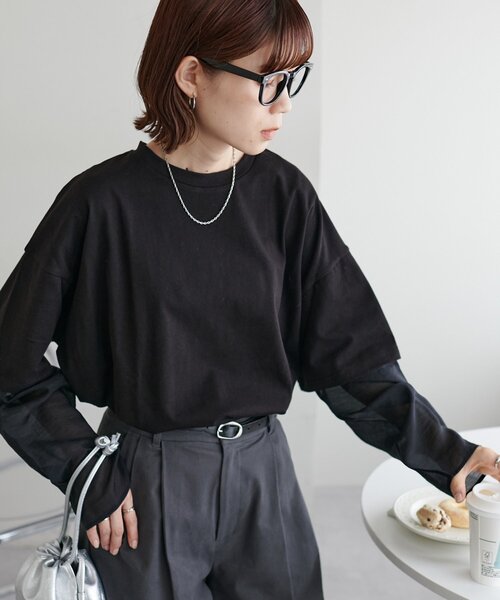 DISCOAT(ディスコート)の「【WEB限定】レイヤードビッグロングTシャツ(Tシャツ/カットソー・レディース・ブラック/ベージュ/オフホワイト/ブラウン・FREE)」の8枚目の写真