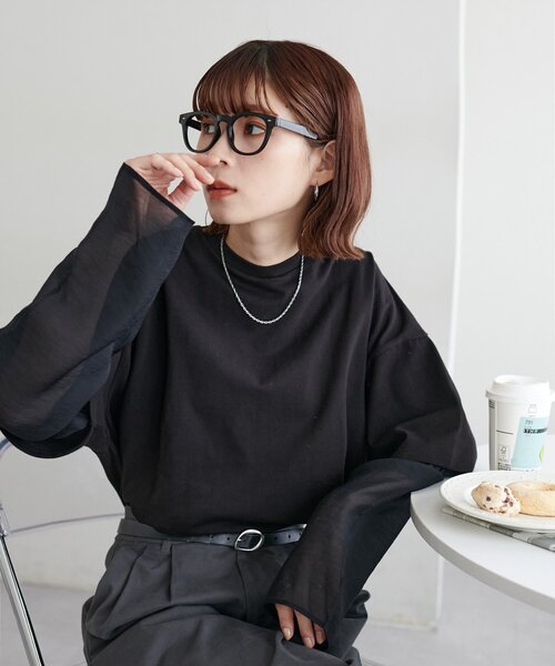 DISCOAT(ディスコート)の「【WEB限定】レイヤードビッグロングTシャツ(Tシャツ/カットソー・レディース・ブラック/ベージュ/オフホワイト/ブラウン・FREE)」の9枚目の写真