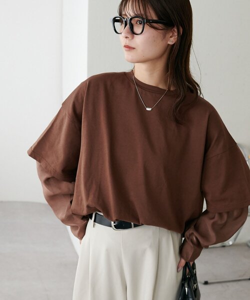 DISCOAT(ディスコート)の「【WEB限定】レイヤードビッグロングTシャツ(Tシャツ/カットソー・レディース・ブラック/ベージュ/オフホワイト/ブラウン・FREE)」の13枚目の写真