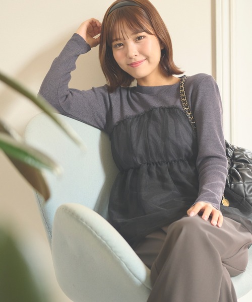 【セール】【洗える】チュールコンビ プルオーバーニット（ニット/セーター）｜Feroux（フェルゥ）