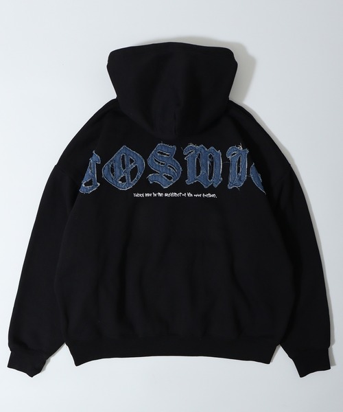 RE730(アールイーセブンサーティー)の「Denim applique embroidery pullover hoodie / デニムアップリケ刺繍プルオーバーパーカー/フーディー unisex(パーカー・メンズ・ブラック/ライトグレー・L/M)」の3枚目の写真
