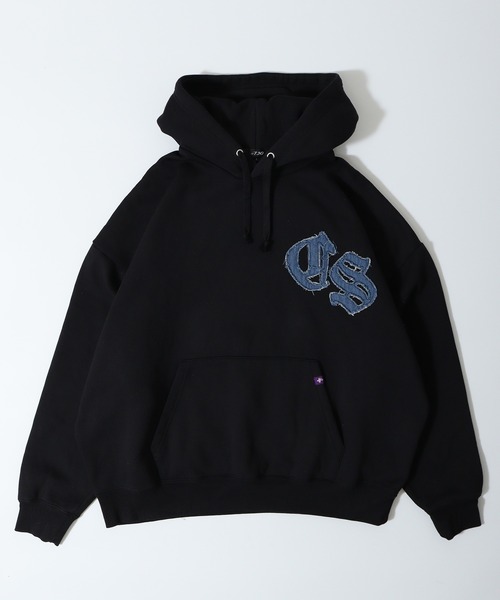 RE730(アールイーセブンサーティー)の「Denim applique embroidery pullover hoodie / デニムアップリケ刺繍プルオーバーパーカー/フーディー unisex(パーカー・メンズ・ブラック/ライトグレー・L/M)」の4枚目の写真
