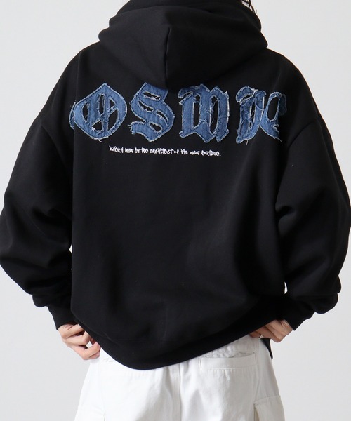 RE730(アールイーセブンサーティー)の「Denim applique embroidery pullover hoodie / デニムアップリケ刺繍プルオーバーパーカー/フーディー unisex(パーカー・メンズ・ブラック/ライトグレー・L/M)」の20枚目の写真