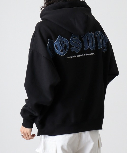 RE730(アールイーセブンサーティー)の「Denim applique embroidery pullover hoodie / デニムアップリケ刺繍プルオーバーパーカー/フーディー unisex(パーカー・メンズ・ブラック/ライトグレー・L/M)」の21枚目の写真
