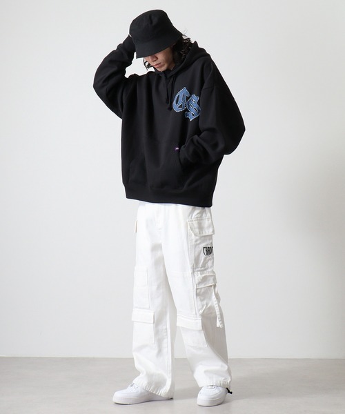 RE730(アールイーセブンサーティー)の「Denim applique embroidery pullover hoodie / デニムアップリケ刺繍プルオーバーパーカー/フーディー unisex(パーカー・メンズ・ブラック/ライトグレー・L/M)」の22枚目の写真