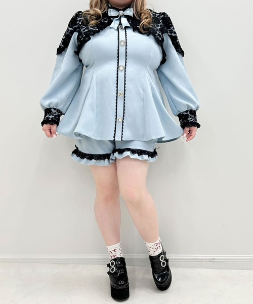 DearMyLoveWhip(ディアマイラブホイップ)の「【大きいサイズ】キラキラハートビジューレース重ねフリルセットアップ(セットアップ・レディース・ボルドー/サックスブルー/ブラック/ベビーピンク・5L/4L/6L)」の12枚目の写真