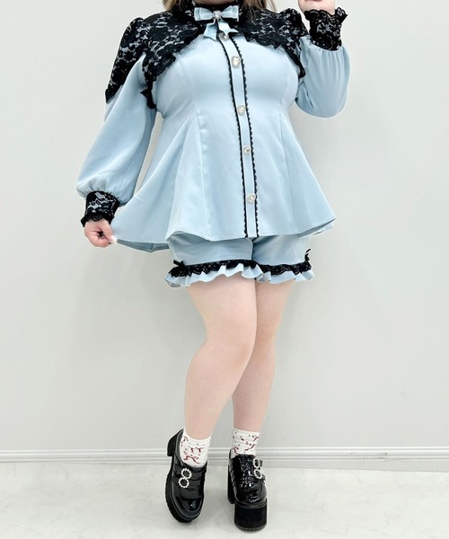 DearMyLoveWhip(ディアマイラブホイップ)の「【大きいサイズ】キラキラハートビジューレース重ねフリルセットアップ(セットアップ・レディース・ボルドー/サックスブルー/ブラック/ベビーピンク・5L/4L/6L)」の10枚目の写真