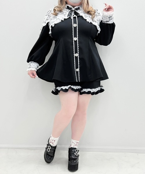 DearMyLoveWhip(ディアマイラブホイップ)の「【大きいサイズ】キラキラハートビジューレース重ねフリルセットアップ(セットアップ・レディース・ボルドー/サックスブルー/ブラック/ベビーピンク・5L/4L/6L)」の9枚目の写真