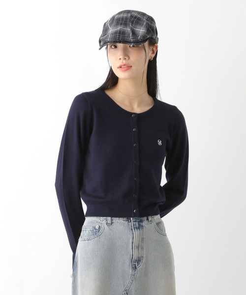 グレーコサージュ付コンパクトカーディガン Perfect Suit FActory カーディガン バイカラー ニット