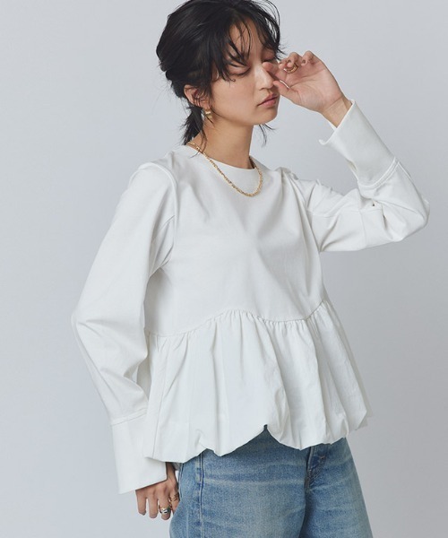 カットソー レディース 長袖 タフタ素材 バルーン 切り替え クロップド丈 RASW バルーン切り替えカットソー（Tシャツ/カットソー）｜RASW（ラス