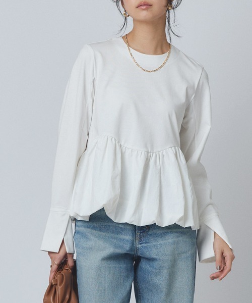 カットソー レディース 長袖 タフタ素材 バルーン 切り替え クロップド丈 RASW バルーン切り替えカットソー（Tシャツ/カットソー）｜RASW（ラス