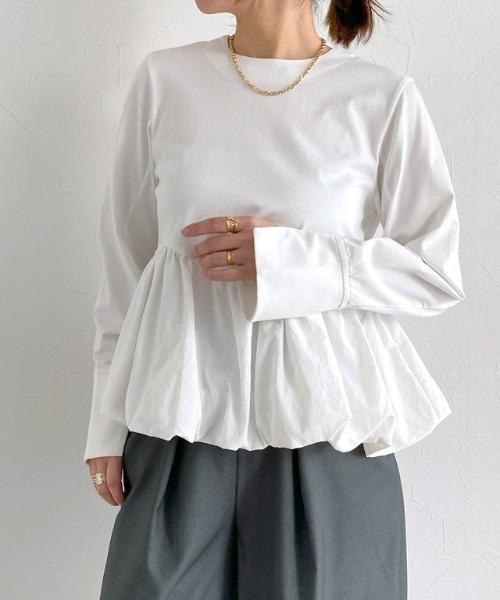 カットソー レディース 長袖 タフタ素材 バルーン 切り替え クロップド丈 RASW バルーン切り替えカットソー（Tシャツ/カットソー）｜RASW（ラス