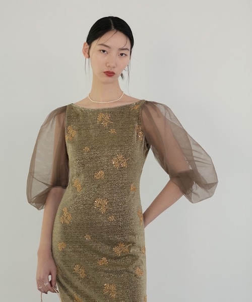 LEJA シアーパフスリーブグリッターIラインドレス M セール】【LEJA】シアーパフスリーブグリッターIラインドレス