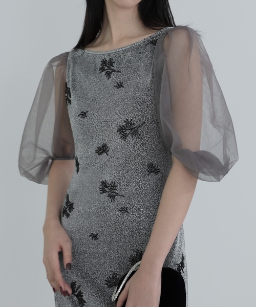 LEJA シアーパフスリーブグリッターIラインドレス M セール】【LEJA】シアーパフスリーブグリッターIラインドレス