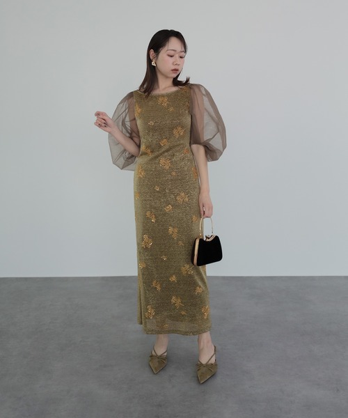 【送料込】シアーパフスリーブグリッターIラインドレスワンピース (Medium) セール】【LEJA】シアーパフスリーブグリッターIラインドレス