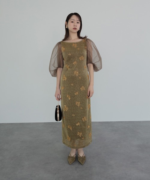 セール】【LEJA】シアーパフスリーブグリッターIラインドレス