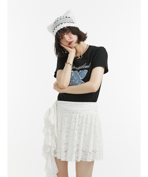 jouetie（ジュエティ）の「アシメドレープフリルレースミニスカート（スカート・レディース・ブラック/カーキ/オフホワイト・MEDIUM）」の4枚目の写真