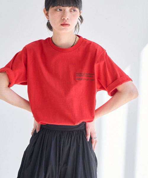 tシャツ 異素材 刺繍 ロゴ Tシャツ レディース 刺繍ロゴダメージビッグTシャツ(ホワイト) | COPINE